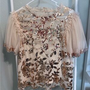 Marc New York Sheer Embellished Sequin Floral Top - Champagne